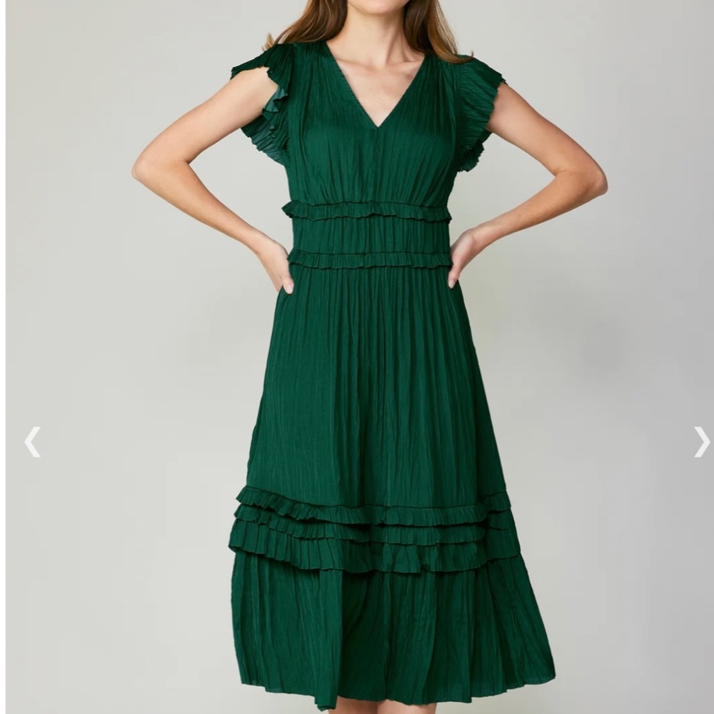 ANTHROPOLOGIE CURRENT AIR MODEST MIDI GREEN RUFFLE LIGHTWEIGHT SATIN DRESS